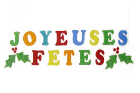 Joyeuses Fêtes en gel "gelly" vitrostatique (lettres 5 cm), 23 pièces, planche 50x15 cm